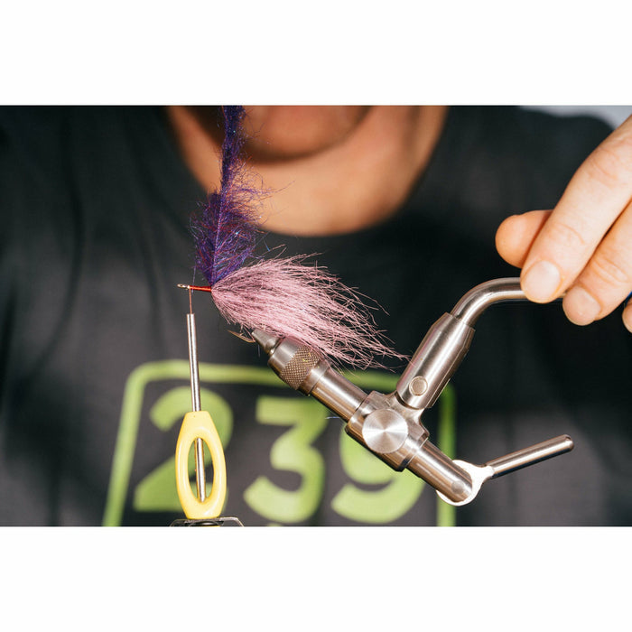 Adjusting purple head material on EP A2Z Minnow fly in vise