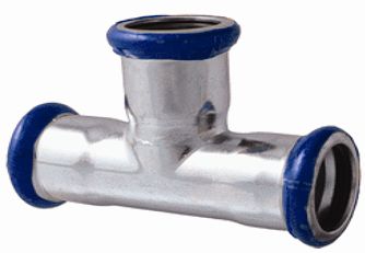Metal plumbing tee fitting with blue compression rings on a white background