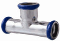 Metal plumbing tee fitting with blue compression rings on a white background