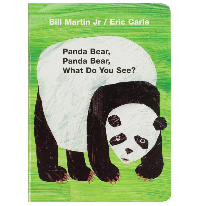 Book cover of 'Panda Bear, Panda Bear, What Do You See?' by Bill Martin Jr. and Eric Carle with a panda illustration on a green background.