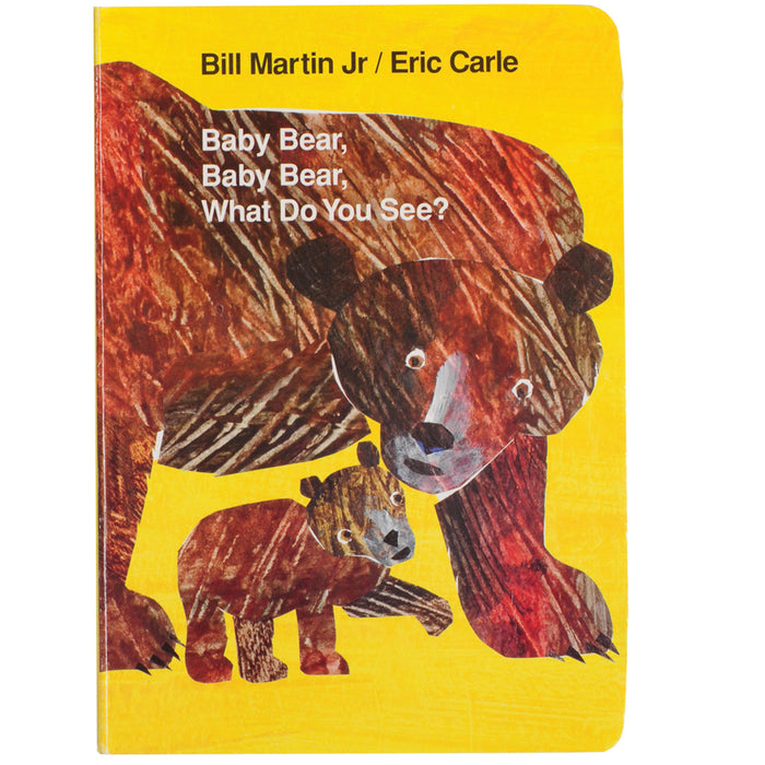 Book cover of 'Baby Bear, Baby Bear, What Do You See?' by Bill Martin Jr. and Eric Carle with two bears on a yellow background.