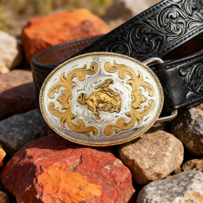 extra large bronco rider german silver & gold belt buckle