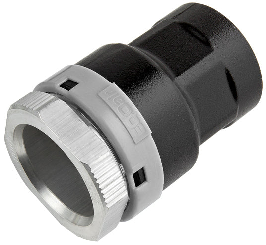 Black and silver mechanical component on a white background