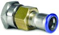 Metal fitting with a blue washer on a white background