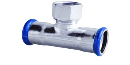 Airenergy Dev female-centred tee fitting in stainless steel with 15mm x 1/2" FBSP connection, showing the female-centered design.