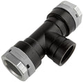 Black and gray plastic pipe fitting on a white background