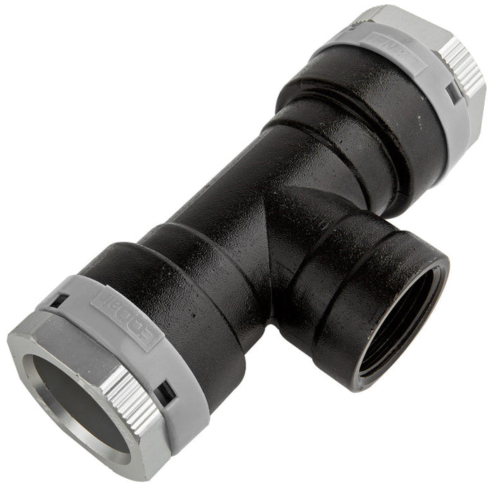 Black and gray plastic pipe fitting on a white background
