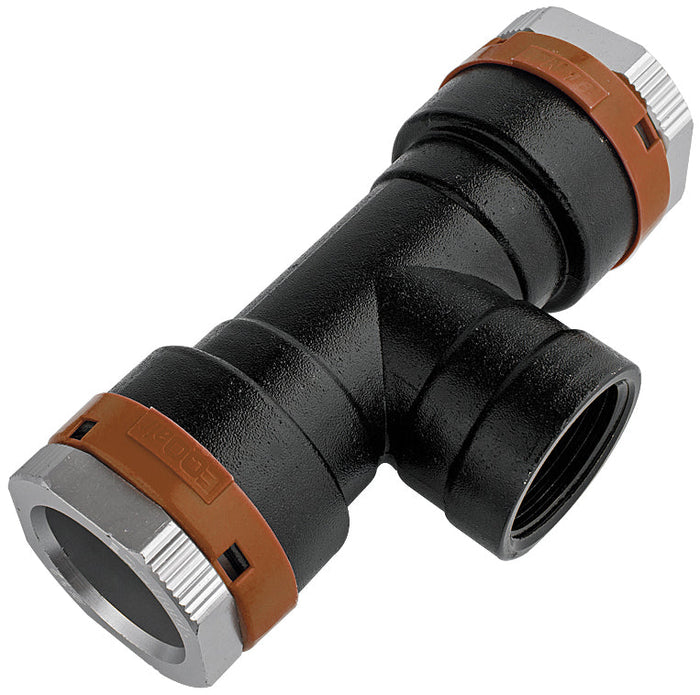 Black and brown plumbing fitting on a white background