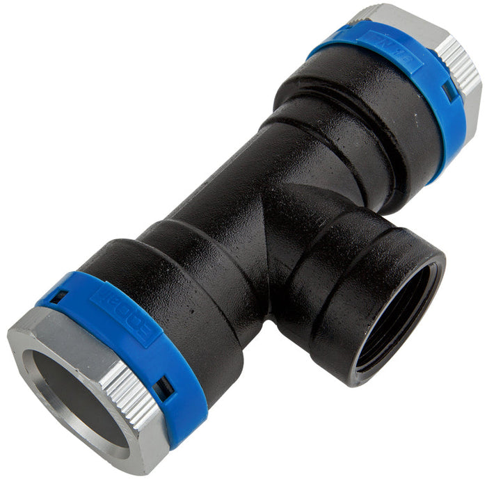 Black plastic plumbing fitting with blue and gray accents on a white background