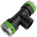 Black and green plumbing fitting on a white background