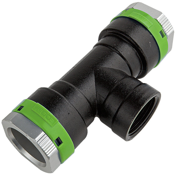Black and green plumbing fitting on a white background
