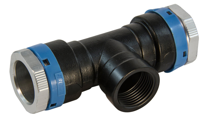 Black and blue plumbing fitting on a white background
