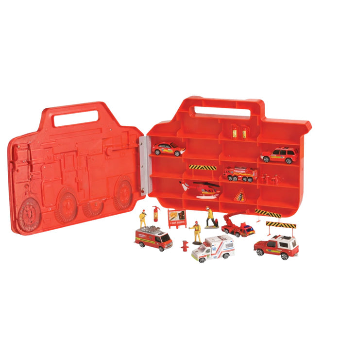 Fire Rescue Truck Carry Case with 22 Pieces – Die-Cast Fire Vehicles & Figures Playset for Kids