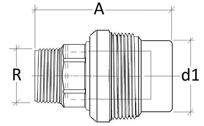 Airenergy Dev male fitting adaptor showing threaded connections for plumbing or piping applications.