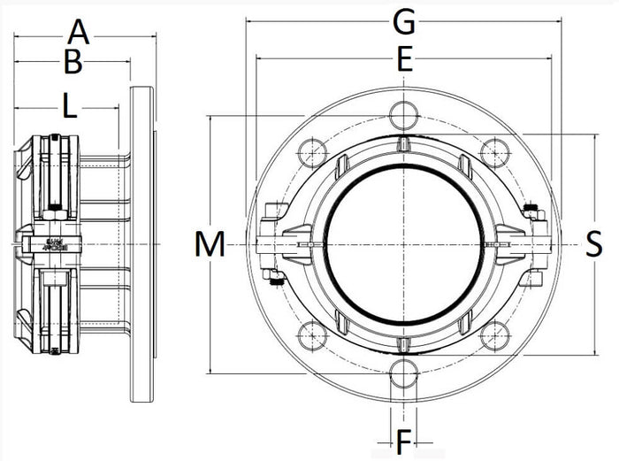 Technical drawing of a mechanical component with labeled parts