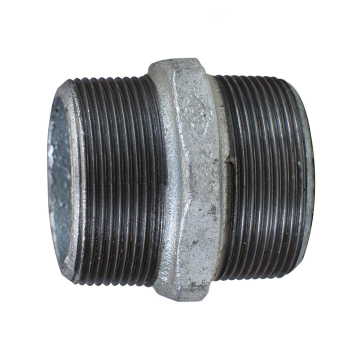 Metal pipe fitting with threaded ends on a white background