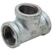 Galvanised Iron Tee fitting by Airenergy Dev showing a close-up of the threaded joint and galvanized surface for plumbing use.