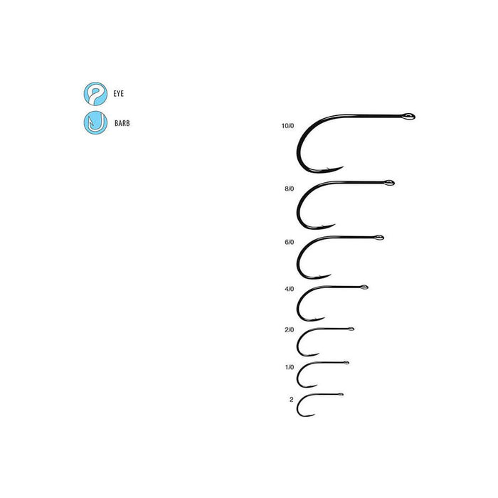 Gamakatsu SL12S fishing hook size chart showing sizes 10/0 to 2 with eye and barb details