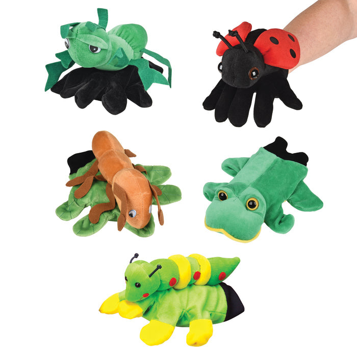 Five insect themed hand puppets on white background