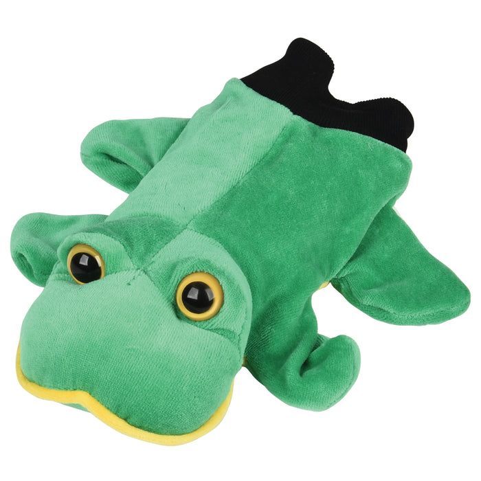 Frog hand puppet on white background