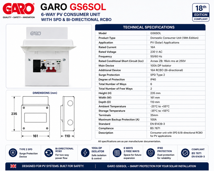 GARO GS6SOL 6-Way PV Consumer Unit with SPD & Bi-Directional RCBO