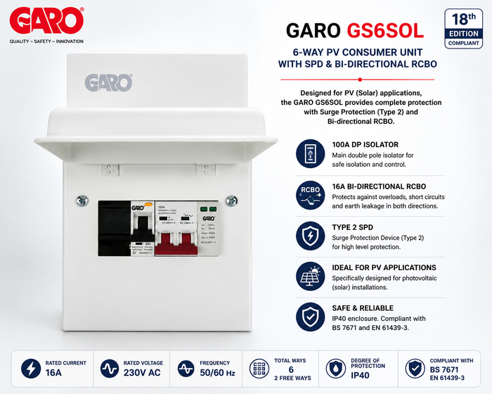 GARO GS6SOL 6-Way PV Consumer Unit with SPD & Bi-Directional RCBO