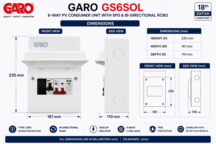 GARO GS6SOL 6-Way PV Consumer Unit with SPD & Bi-Directional RCBO