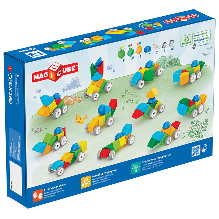 Back View of Geomag Magicube™ Magnetic Block Cars | 13-Piece STEM Building Set Packaging