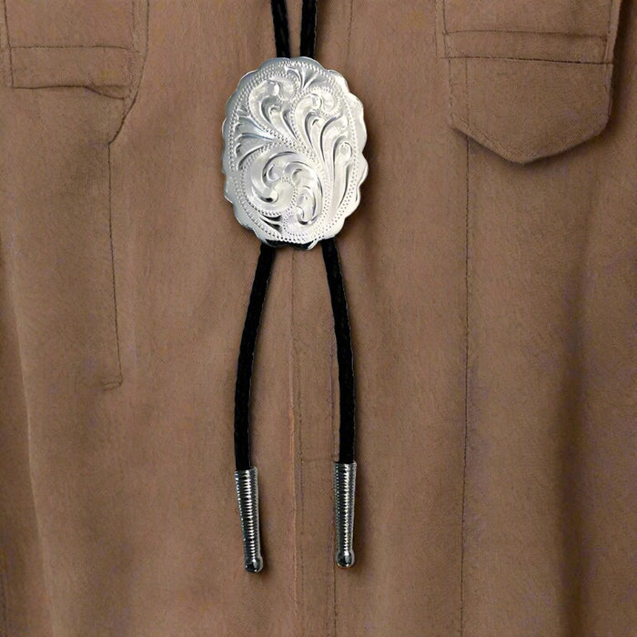german silver engraved bolo tie