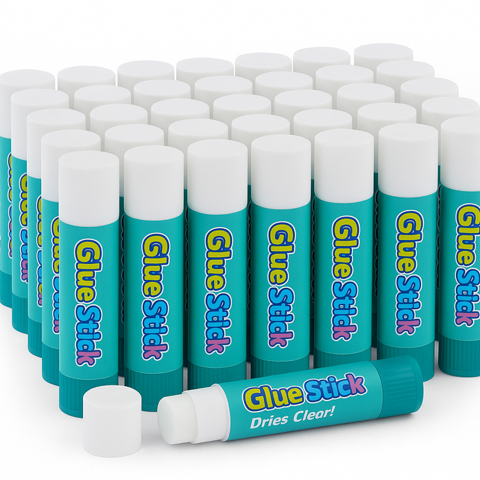 Multiple glue sticks with blue and white packaging on a white background