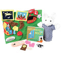 Hand puppet set with 'Goodnight Moon' book and various felt pieces on a green background