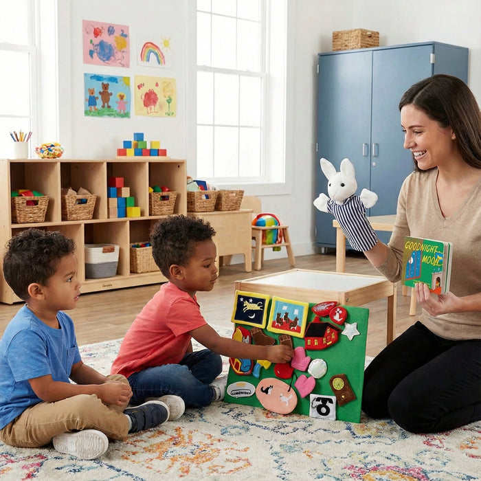 Teacher and children playing with educational toys in a classroom setting