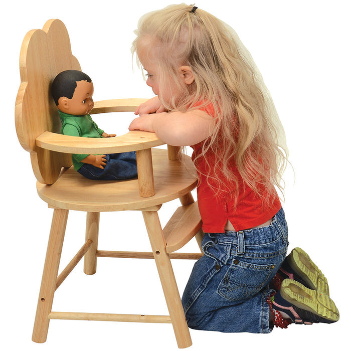 Little Girl Playing with Doll in Hardwood Doll High Chair with Scalloped Back