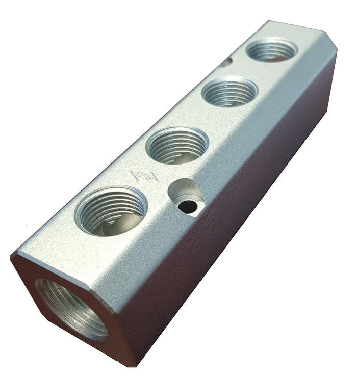 Metal fitting with multiple threaded holes on a white background