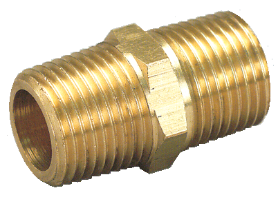 Brass hex nipple from Airenergy Dev, showing threaded hexagonal connection for plumbing or pneumatic systems.