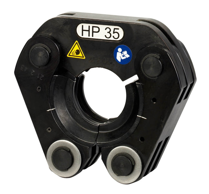 Black mechanical component with 'HP 35' label and safety symbols on a white background