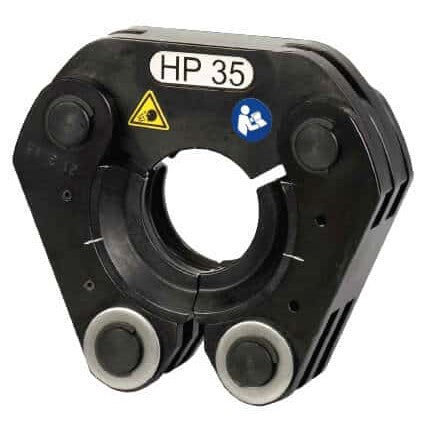 Black mechanical component with 'HP 35' label and safety symbols on a white background