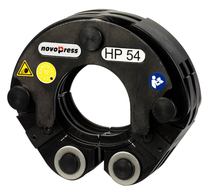 Black mechanical device with 'novopress' branding and 'HP 54' label on a white background