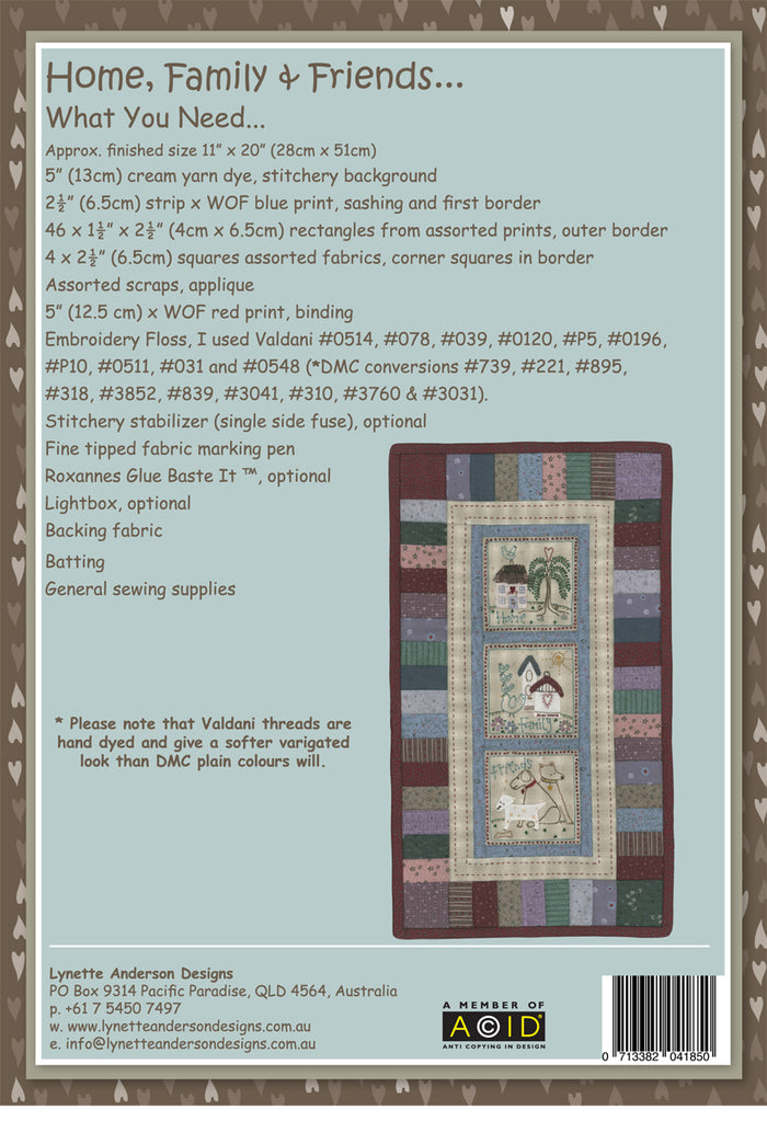 Home, Family and Friends Mini Quilt by Lynette Anderson Pattern Back