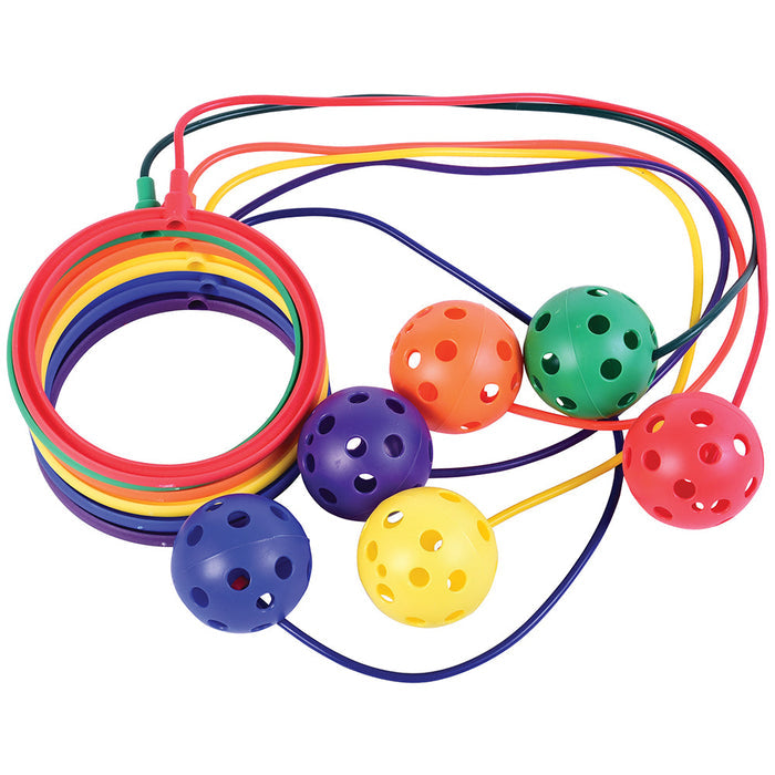 skip-a-rope with multicolored plastic handles and balls on a white background
