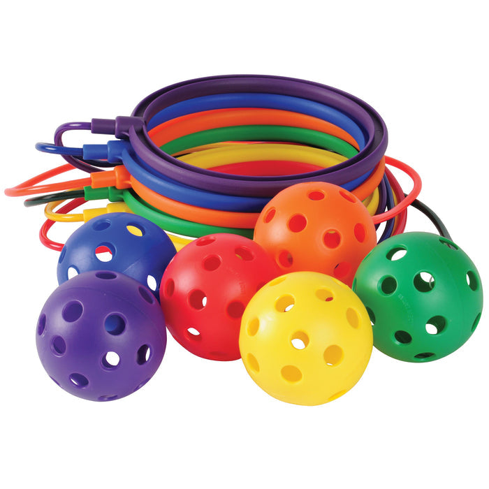 Colorful ankle hoops and balls on a white background