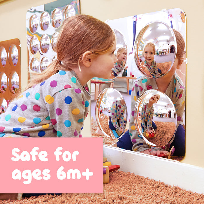 Acrylic Wall Bubble Dome Mirror Info Graph Stating It's Safe for Ages 6 months and up
