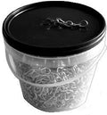 Clear container with black lid filled with small metal hooks on a white background
