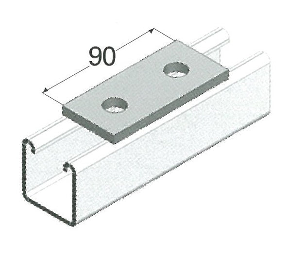Galvanised Airenergy Dev 2-hole joiner, 90x40x6mm, with two 14mm holes for connecting pipes or tubes.