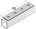 Galvanized Airenergy Dev 4-hole joiner with four 14mm holes, measuring 186 x 40 x 6 mm, used for connecting metal components.