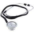 Black and silver stethoscope on a white background