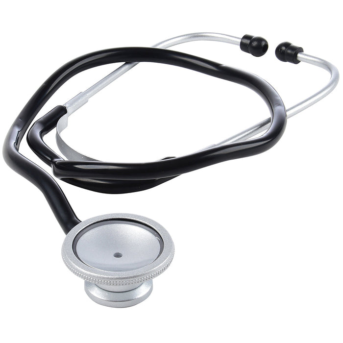 Black and silver stethoscope on a white background