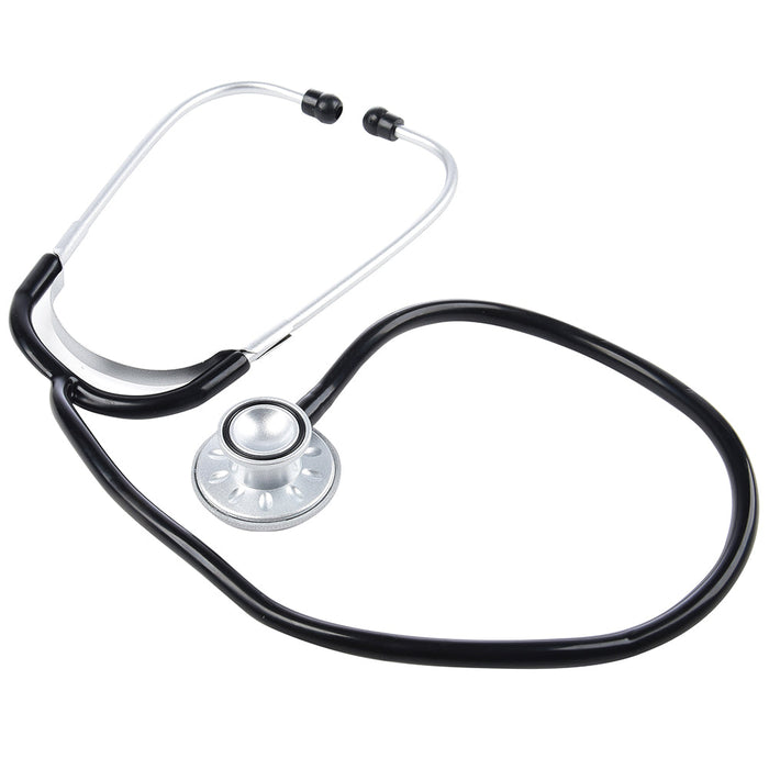 Black and silver stethoscope on a white background