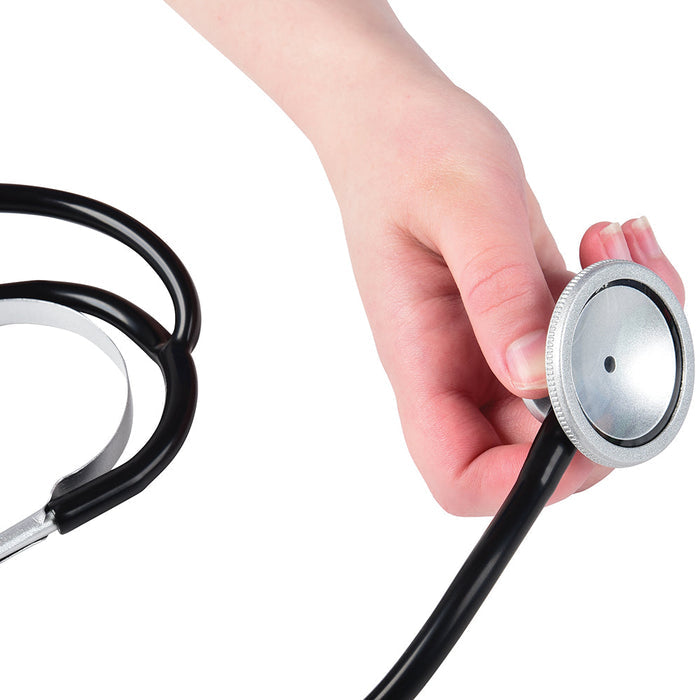 Hand holding end of stethoscope on white background