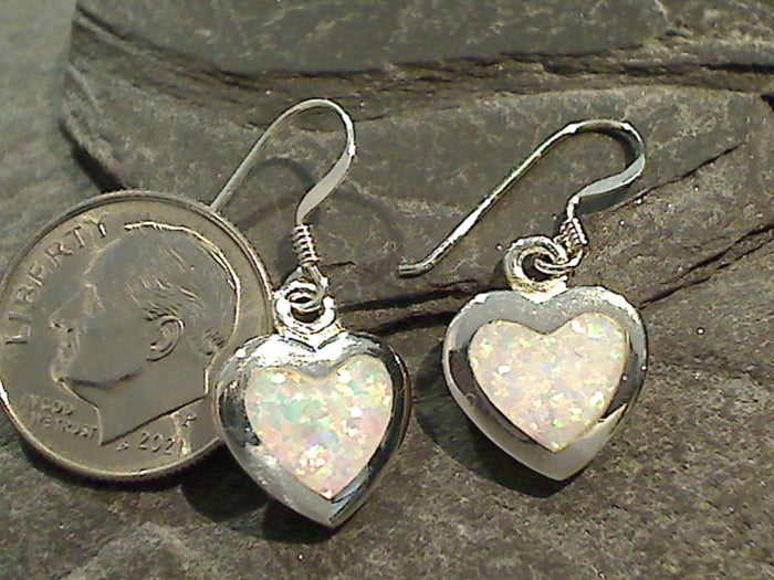 Lab Created Opal, Sterling Silver Heart Earrings